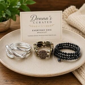 Donna's Curated Everyday Chic Bracelet Trio Mixed Metals Black Silver Gold Tone